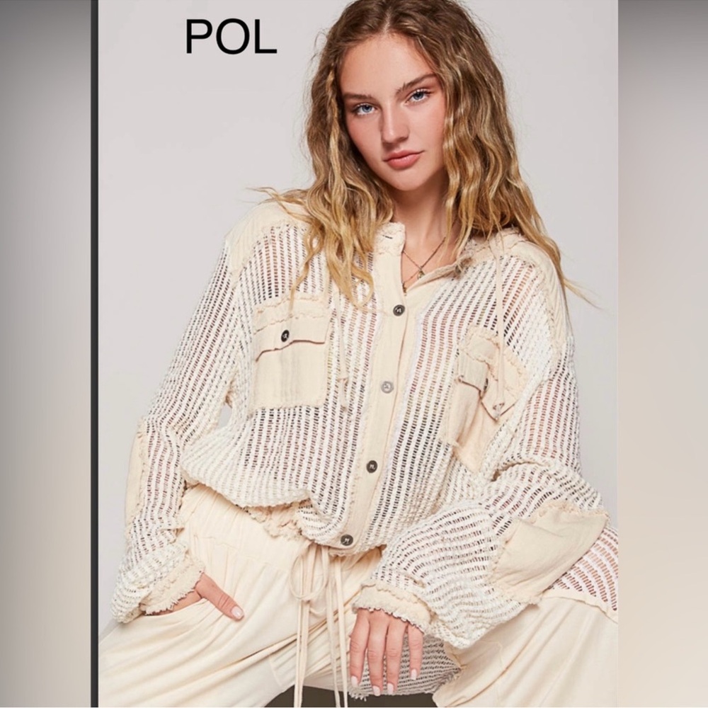 BB25. NWT POL Cream Mixed Media Sheer Mesh Button Front Hoodie - Picture 5 of 6